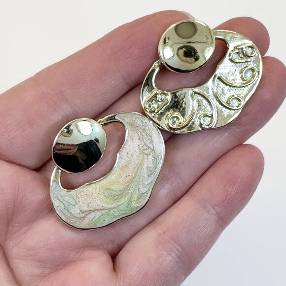 Jewelry - Enameled Earrings, 1980s, 80s, Reversible, Gold Tone, Pierced, Vintage Earrings,